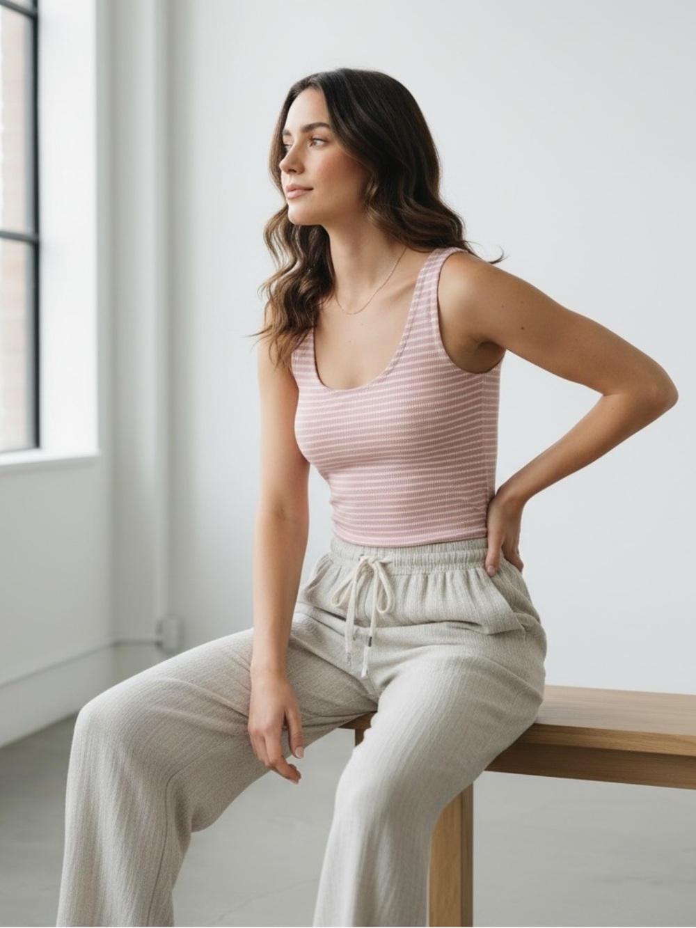 1398 • Mauve & Cream Ultra Soft Striped Rayon Blend Double Layer Tank Top
